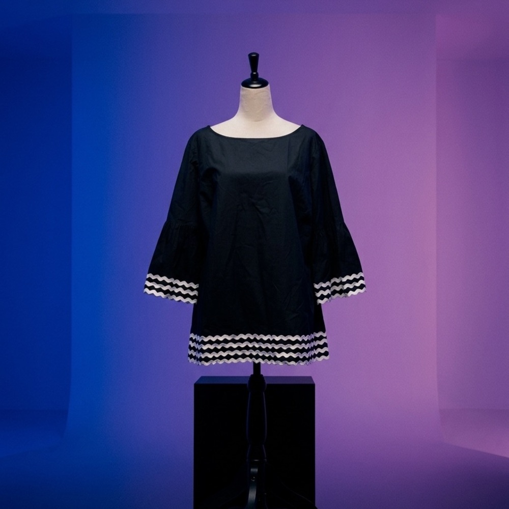 Talbots Size 2X 100% Cotton Black Bell Sleeve Tunic with White Zigzag Trim